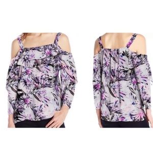 NYDJ Ruffled Floral Cold Shoulder Top Sz L